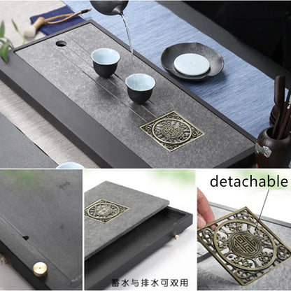 reservoir tea tray water draining tea table weighted black stone serving tray complete natural stone tea boat L60cm for tea set