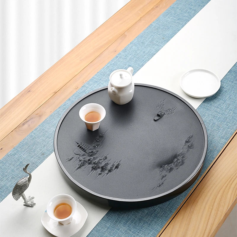 round tea tray black stone mountain-river boat carved Zen style serving trays weighted handmade embossed heavy natural stone new