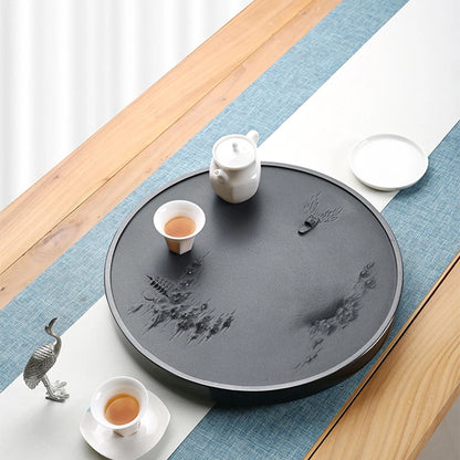 round tea tray black stone mountain-river boat carved Zen style serving trays weighted handmade embossed heavy natural stone new