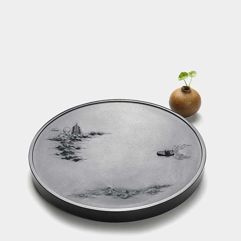 round tea tray black stone mountain-river boat carved Zen style serving trays weighted handmade embossed heavy natural stone new