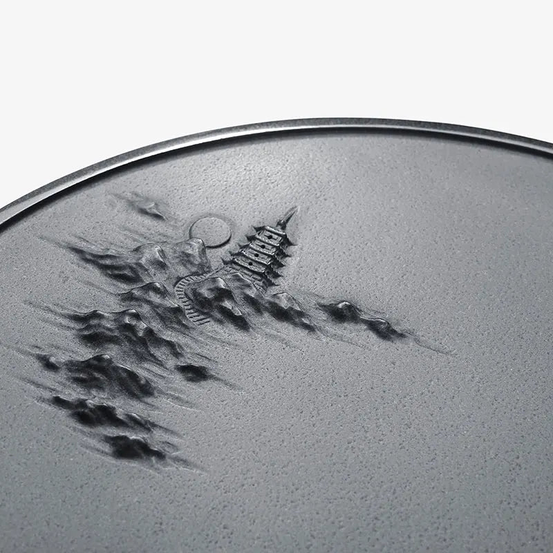 round tea tray black stone mountain-river boat carved Zen style serving trays weighted handmade embossed heavy natural stone new