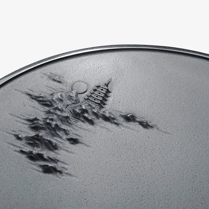 round tea tray black stone mountain-river boat carved Zen style serving trays weighted handmade embossed heavy natural stone new