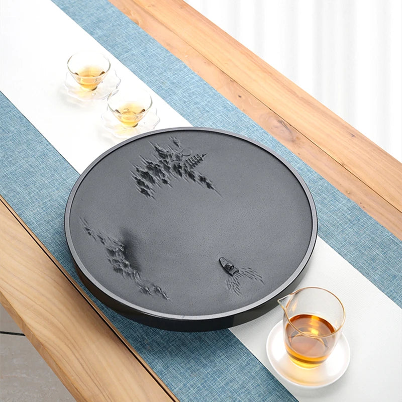 round tea tray black stone mountain-river boat carved Zen style serving trays weighted handmade embossed heavy natural stone new