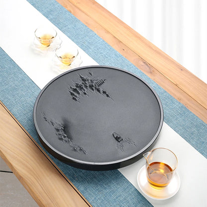 round tea tray black stone mountain-river boat carved Zen style serving trays weighted handmade embossed heavy natural stone new