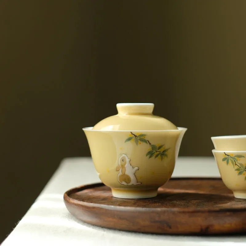 rtistic Tea Set with Hand-Painted Jade Rabbit and Osmanthus Flowers from Jingdezhen
