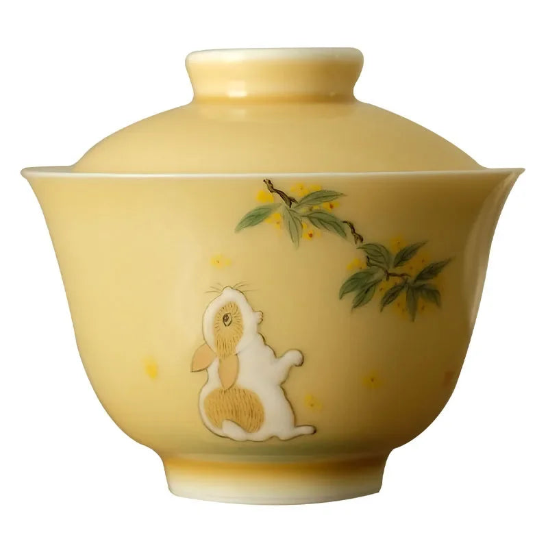 rtistic Tea Set with Hand-Painted Jade Rabbit and Osmanthus Flowers from Jingdezhen