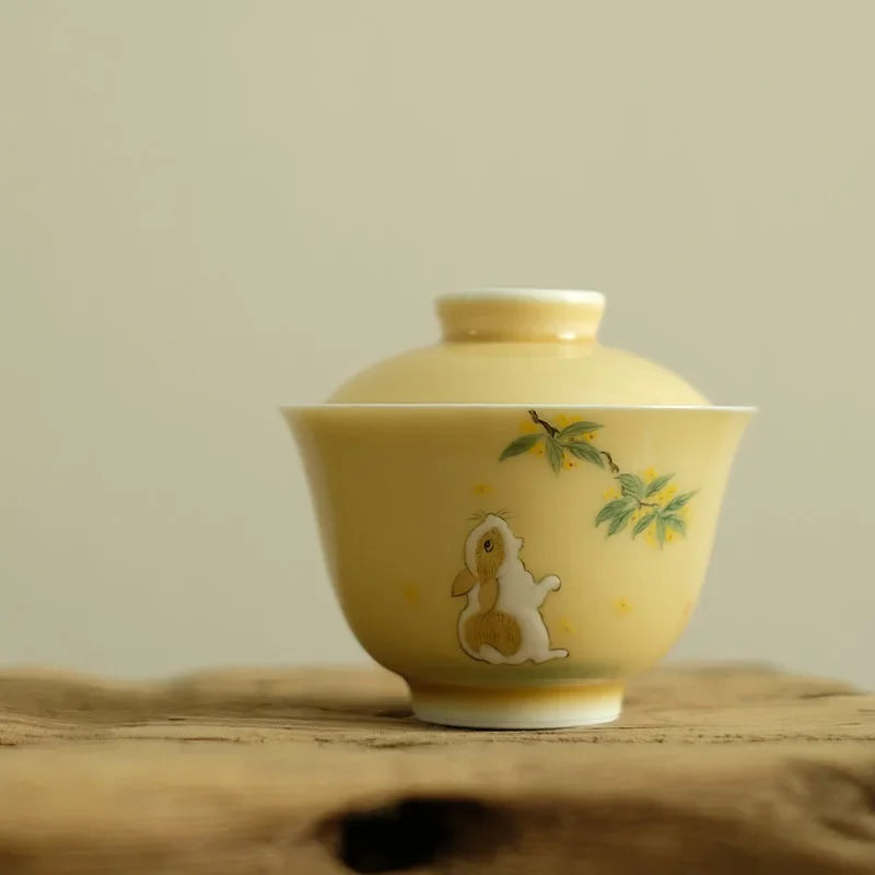rtistic Tea Set with Hand-Painted Jade Rabbit and Osmanthus Flowers from Jingdezhen
