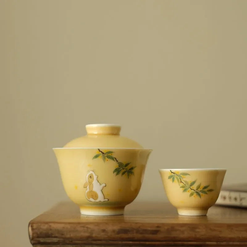 rtistic Tea Set with Hand-Painted Jade Rabbit and Osmanthus Flowers from Jingdezhen