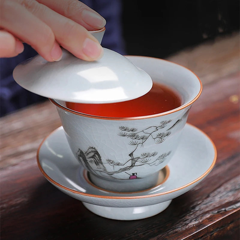 ruyao crackle glaze Sancai gaiwan handpainted cup bowl with cover saucer coaster ceramic lid tureen 145ml in China on sales new