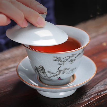 ruyao crackle glaze Sancai gaiwan handpainted cup bowl with cover saucer coaster ceramic lid tureen 145ml in China on sales new
