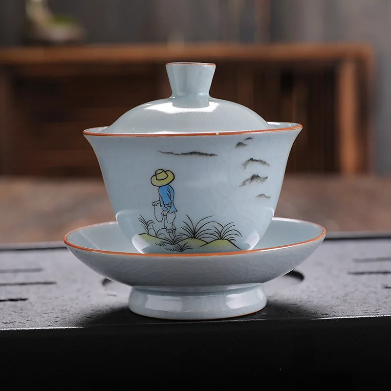 ruyao crackle glaze Sancai gaiwan handpainted cup bowl with cover saucer coaster ceramic lid tureen 145ml in China on sales new