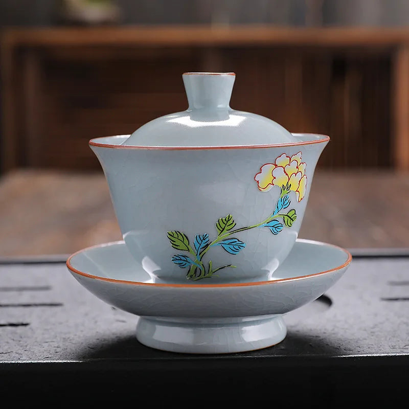 ruyao crackle glaze Sancai gaiwan handpainted cup bowl with cover saucer coaster ceramic lid tureen 145ml in China on sales new