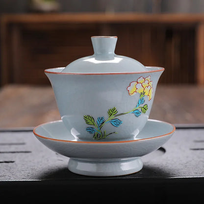 ruyao crackle glaze Sancai gaiwan handpainted cup bowl with cover saucer coaster ceramic lid tureen 145ml in China on sales new