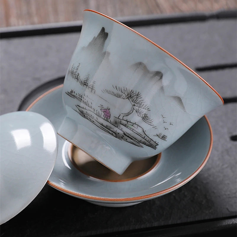ruyao crackle glaze Sancai gaiwan handpainted cup bowl with cover saucer coaster ceramic lid tureen 145ml in China on sales new