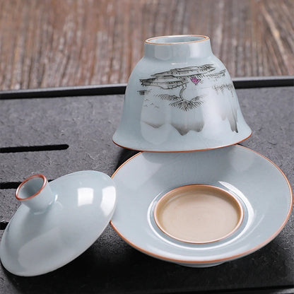ruyao crackle glaze Sancai gaiwan handpainted cup bowl with cover saucer coaster ceramic lid tureen 145ml in China on sales new