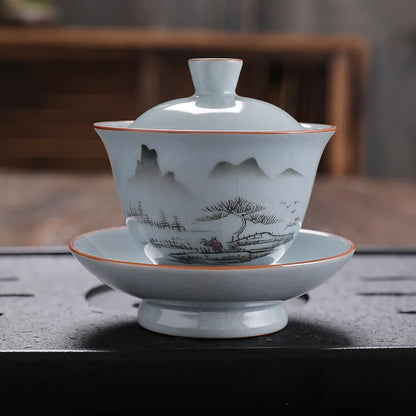 ruyao crackle glaze Sancai gaiwan handpainted cup bowl with cover saucer coaster ceramic lid tureen 145ml in China on sales new
