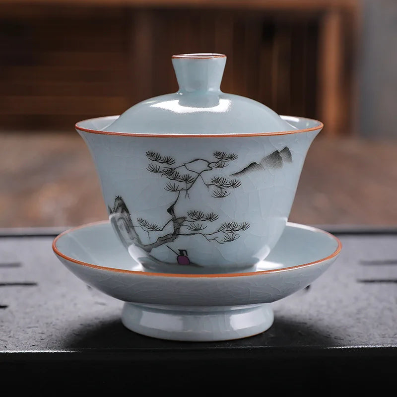 ruyao crackle glaze Sancai gaiwan handpainted cup bowl with cover saucer coaster ceramic lid tureen 145ml in China on sales new