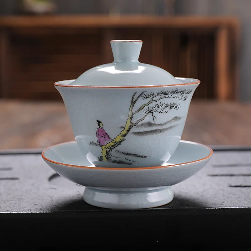 ruyao crackle glaze Sancai gaiwan handpainted cup bowl with cover saucer coaster ceramic lid tureen 145ml in China on sales new