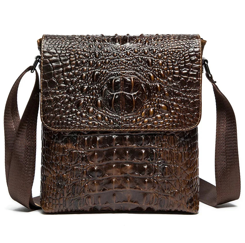 's Shoulder Genuine Leather Crocodile Pattern Vintage Crossbody for Men Flap Zipper Messenger Bag 8857