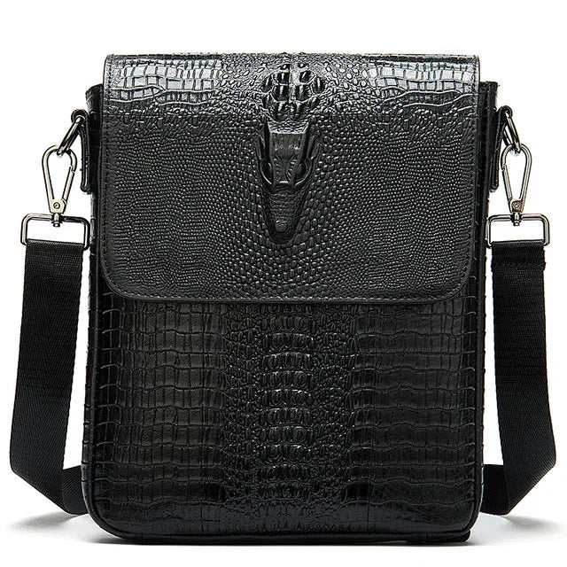 's Shoulder Genuine Leather Crocodile Pattern Vintage Crossbody for Men Flap Zipper Messenger Bag 8857
