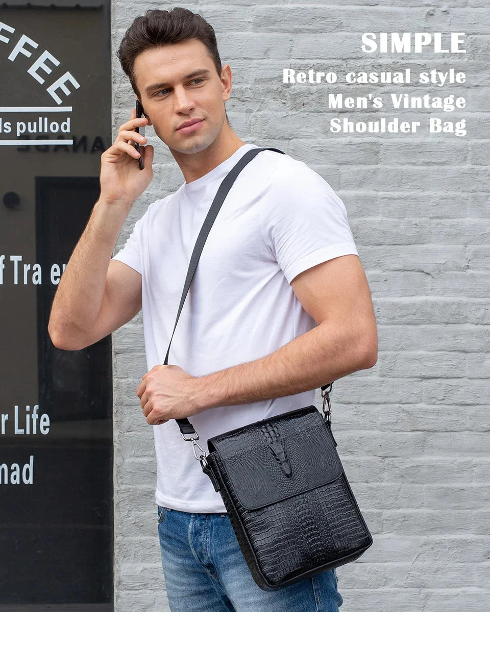 's Shoulder Genuine Leather Crocodile Pattern Vintage Crossbody for Men Flap Zipper Messenger Bag 8857