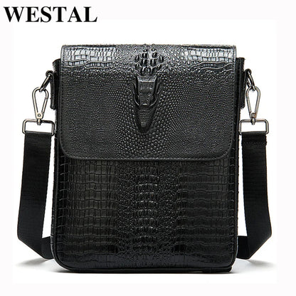 's Shoulder Genuine Leather Crocodile Pattern Vintage Crossbody for Men Flap Zipper Messenger Bag 8857