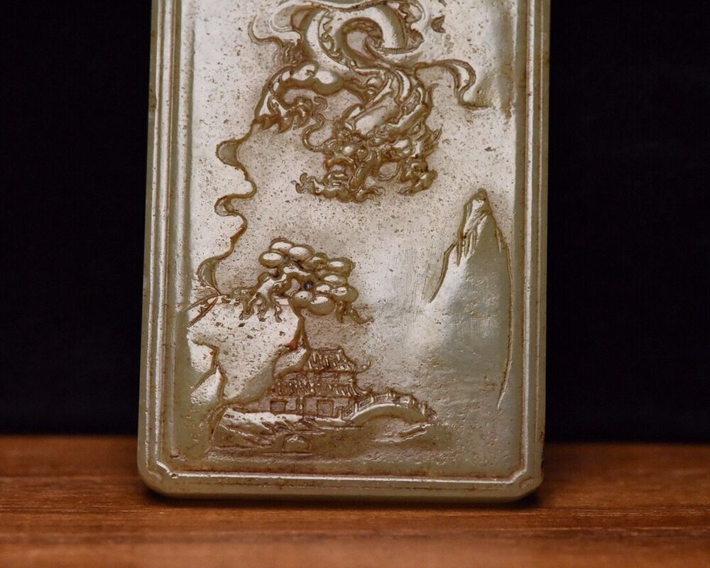 Chinese Natural Hetian Jade Carving Dragon Statue Landscape Jade Pendant Jewelry