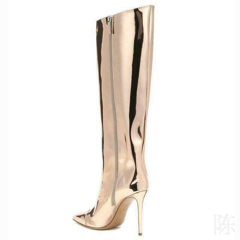 Women Metallic Mirror Patent Leather High Heel Knee High Boots Side Zipper Boots