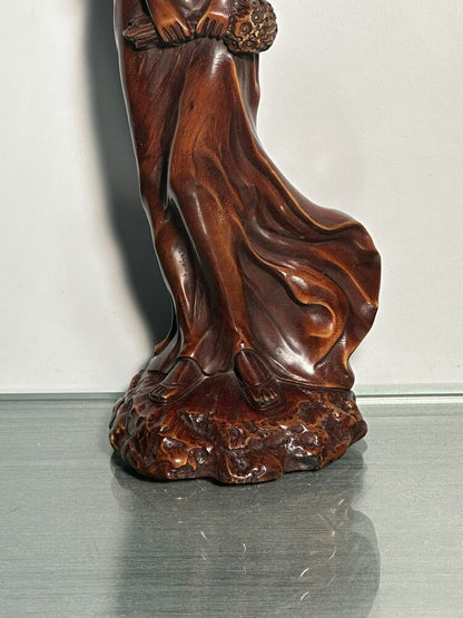 Chinese Boxwood Carved Sexy Beautiful Girl Statue Wood Figurines Home Decor Art