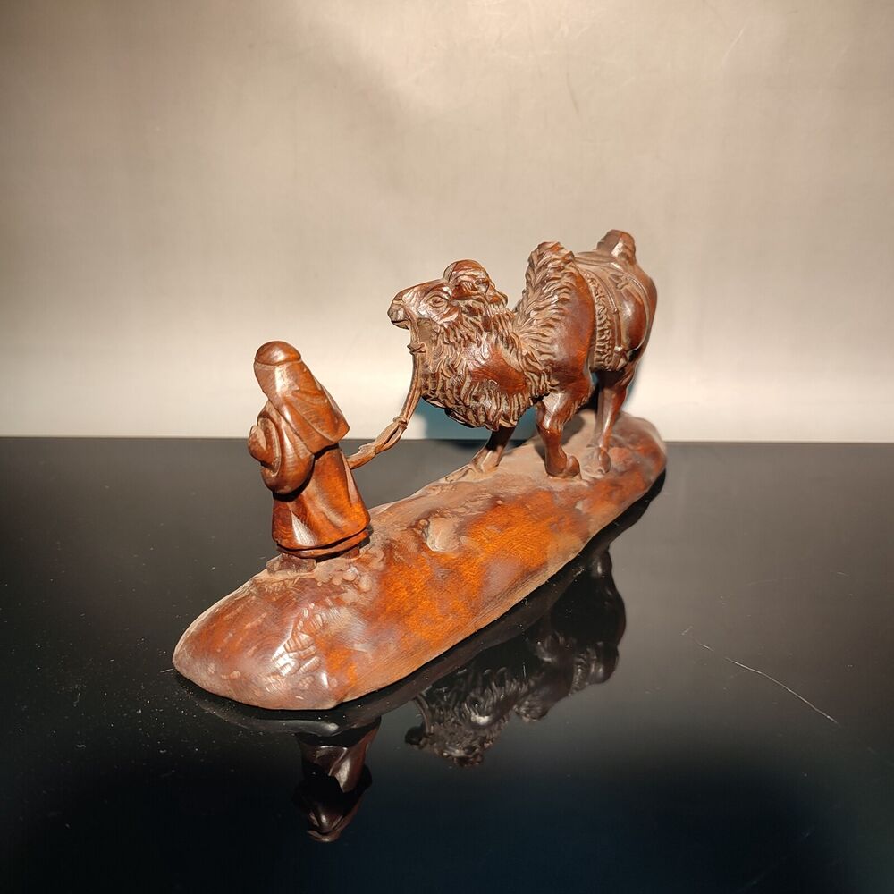 vintage chinese carved wood camel statue wooden businessman the Silk Road Route