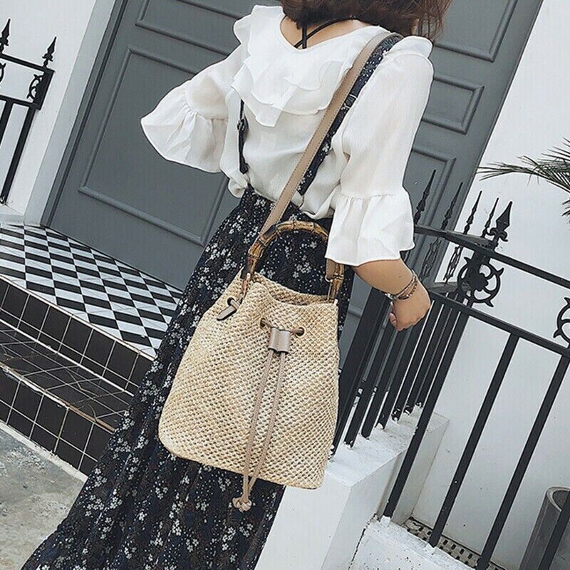 Women Ladies Handbag Vintage Straw Summer Beach Handbag Bucket Tote Shoulder Bag