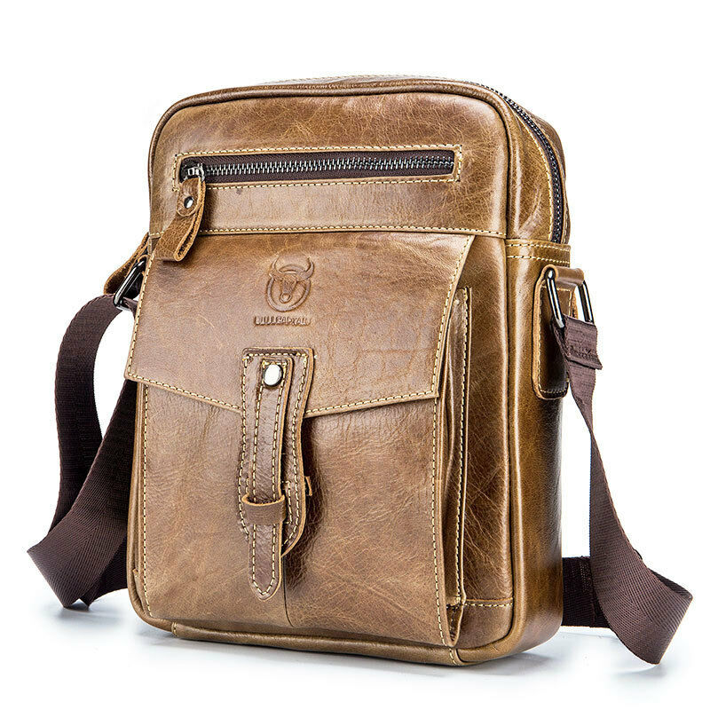 100% Genuine Leather Men's Sling Shoulder/Messenger Bag Double Zipper 8" Handbag