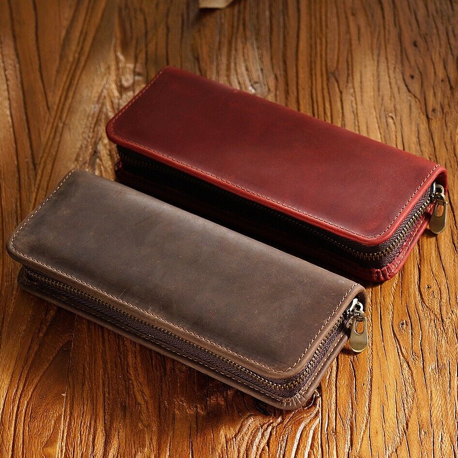 Handmade Cowhide Leather Zipper Pen Case, Pencil Case Stationery Storage Bag