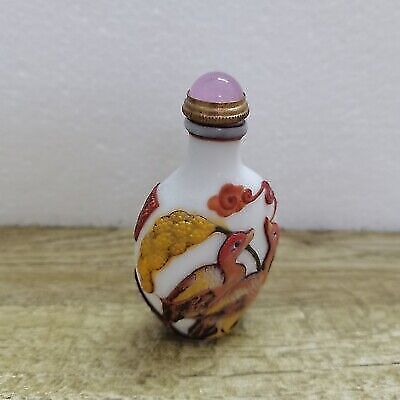 vintage carved painted peking glass bird charms cranes red white snuff bottle