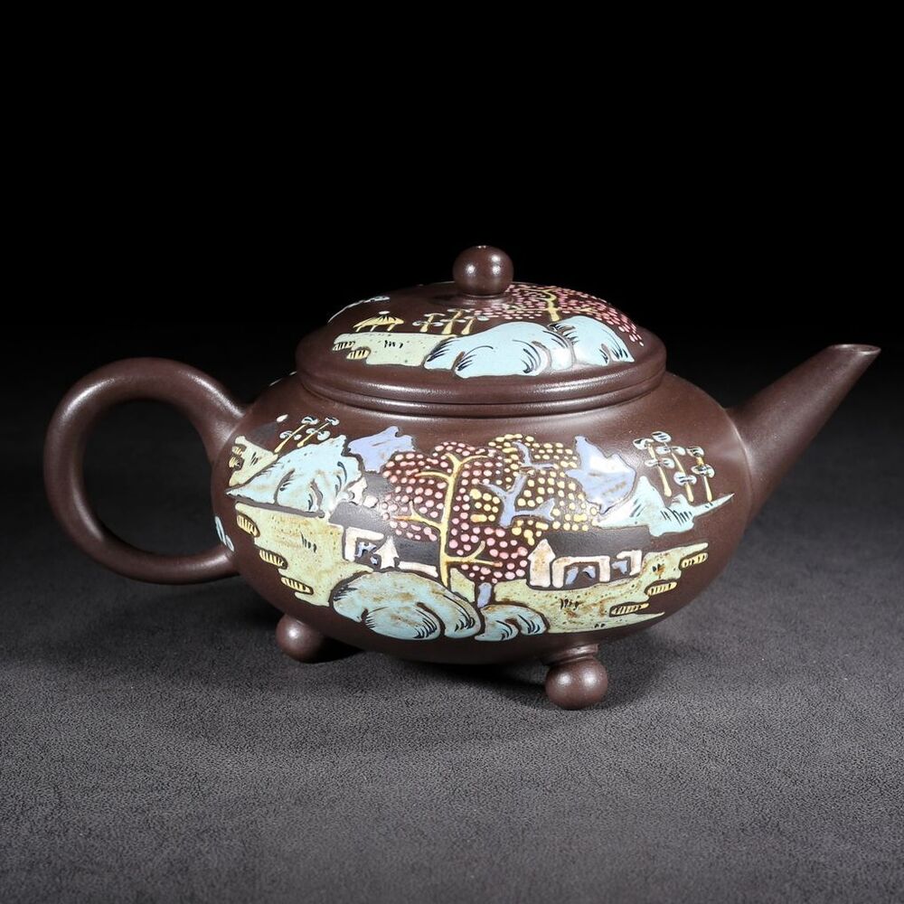 Vintage Chinese Yixing Purple Clay Teapot Zisha Painted Nice Landscape Teaware