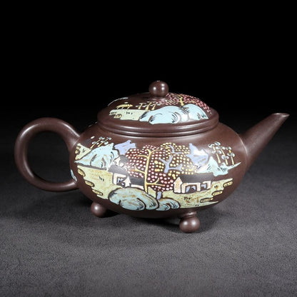 Vintage Chinese Yixing Purple Clay Teapot Zisha Painted Nice Landscape Teaware