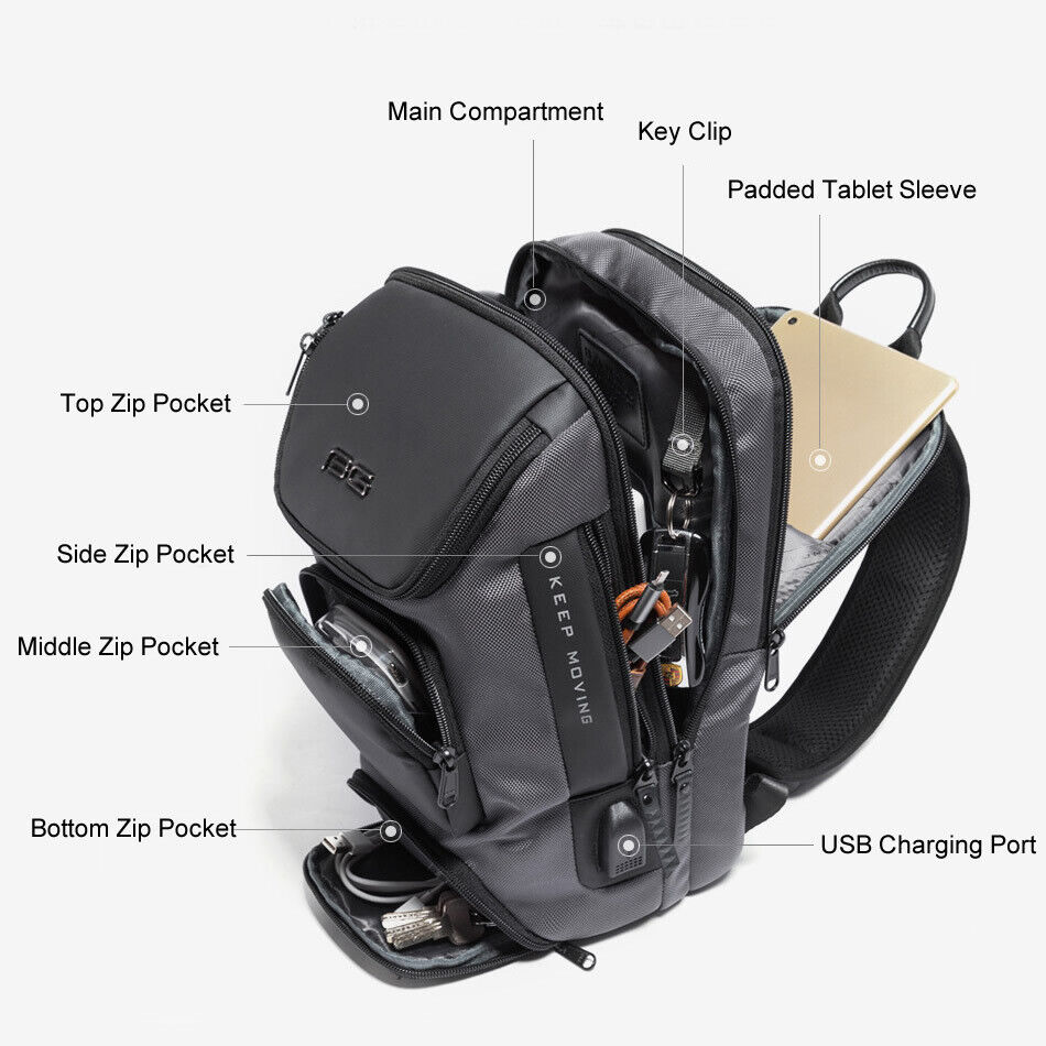 Charging Port Water Resistant Chest Pack Sling Bag Crossbody Backpack Business