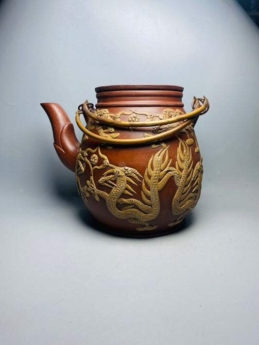 Chinese Yixing Zisha Clay Handmade Exquisite Teapot （铜提梁大九龙 底款：时大彬）