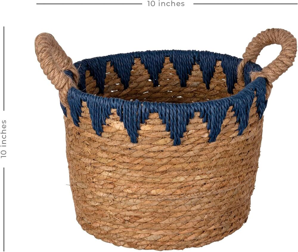 Woven Wicker Basket for Storing Essentials Rustic Decorative with Blue Deails