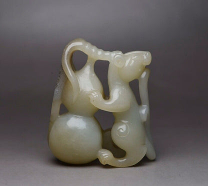 Collections Chinese Hetian Jade Hand Carving Rat Gourd Statue Exquisite Art Work
