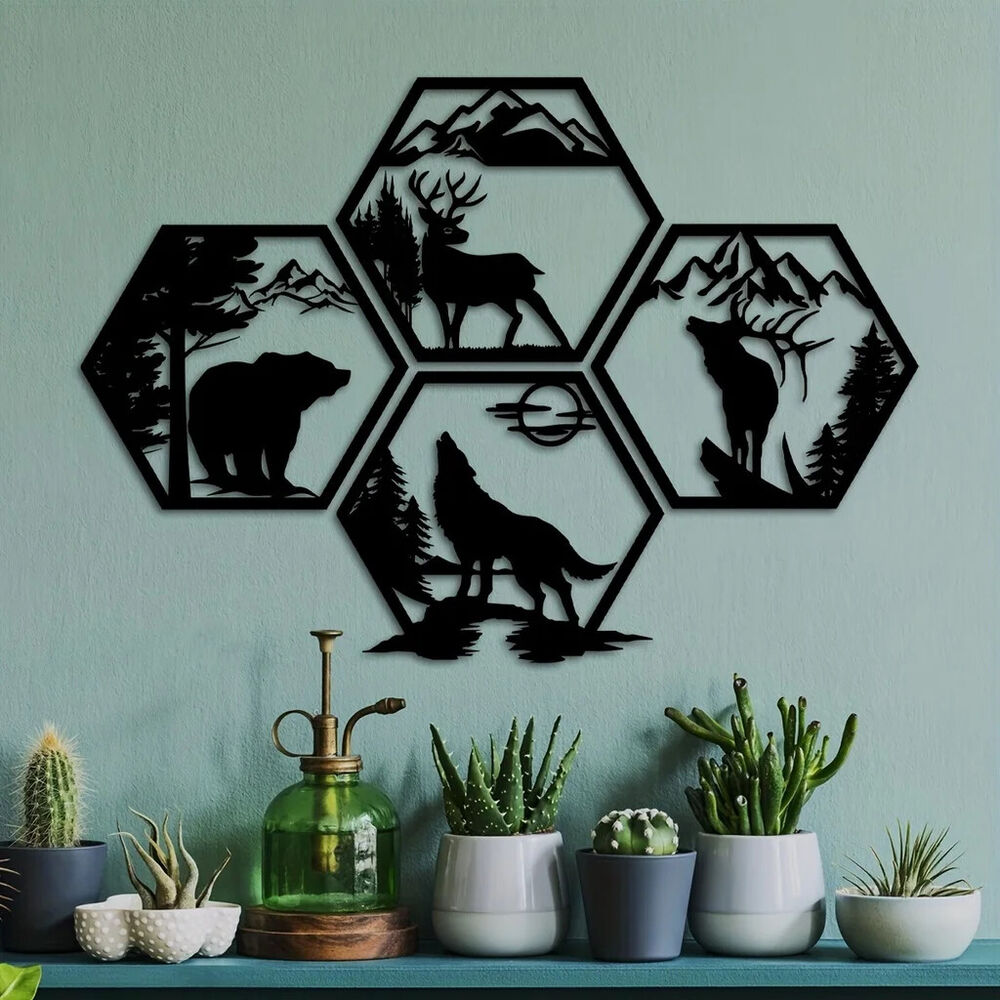 4pcs Decorative Frames Elk Deer Wolf Bear Hexagonal Metal Wall Sculpture Leaked