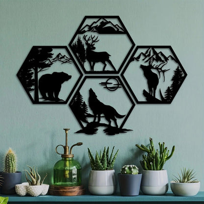 4pcs Decorative Frames Elk Deer Wolf Bear Hexagonal Metal Wall Sculpture Leaked