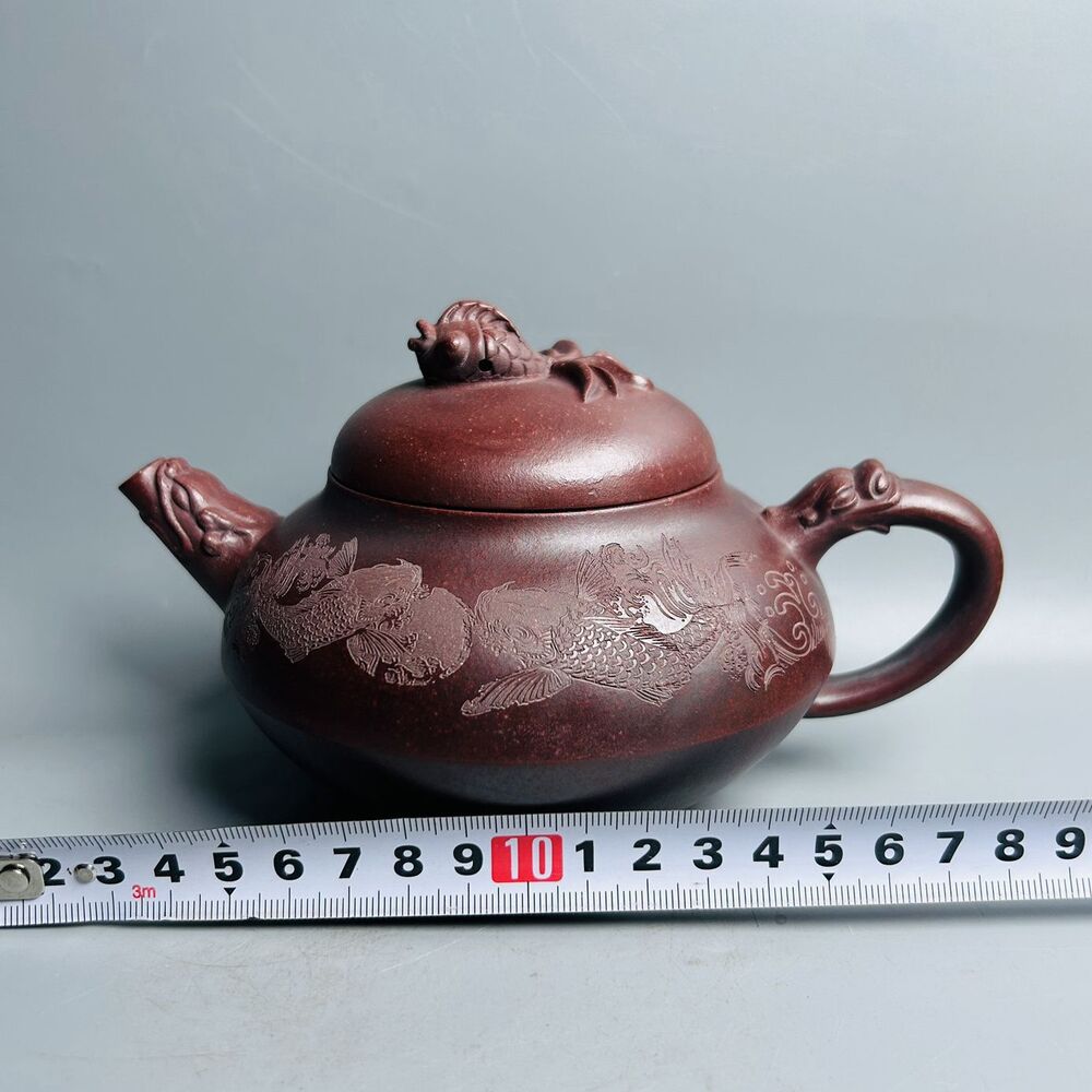 Vintage Chinese Yixing Purple Clay Teapot Zisha Ceramic Carving Fish Teaware Art