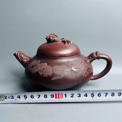 Vintage Chinese Yixing Purple Clay Teapot Zisha Ceramic Carving Fish Teaware Art
