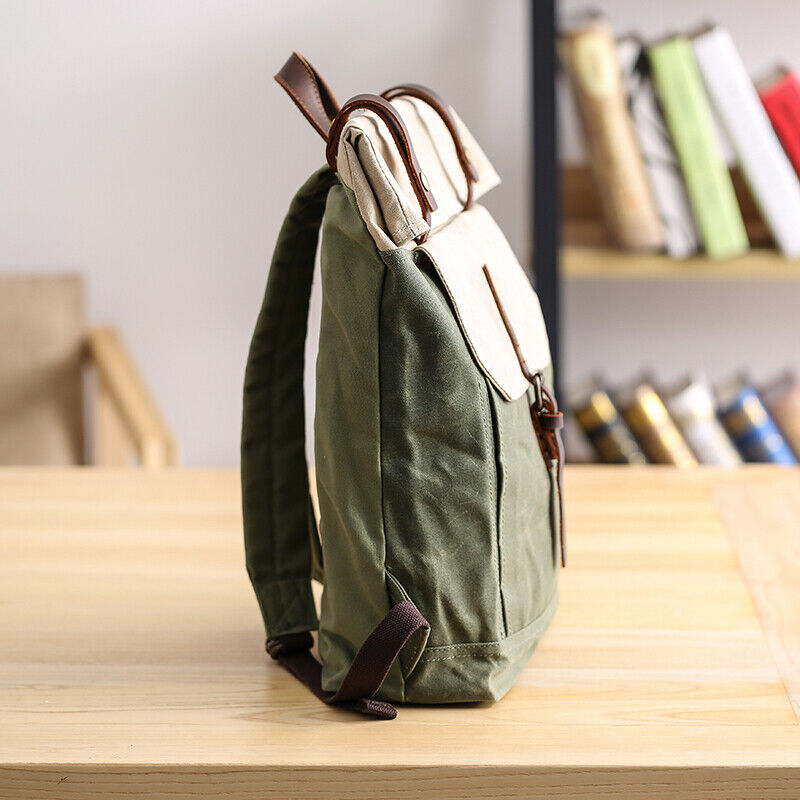 Water Resisant Vintage Waxed Canvas Backpack Fold-Over Satchel 14" Laptop Bag