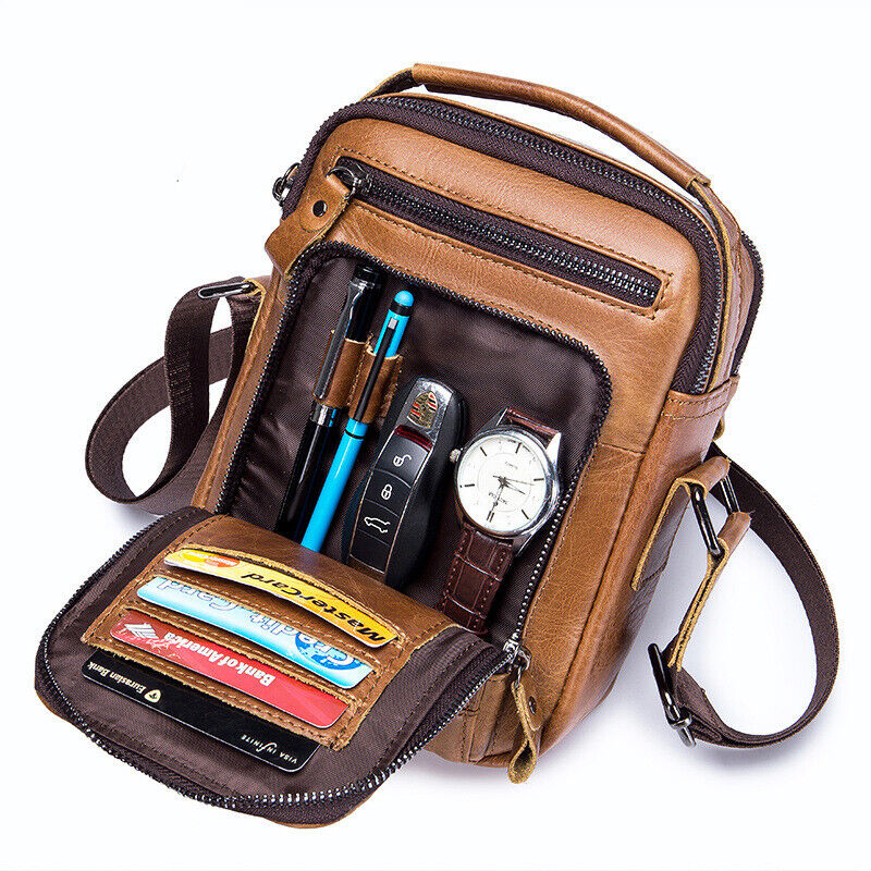 100% Genuine Leather Men's Sling Shoulder/Messenger Bag Double Zipper 8" Handbag