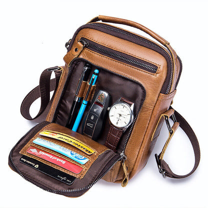 100% Genuine Leather Men's Sling Shoulder/Messenger Bag Double Zipper 8" Handbag