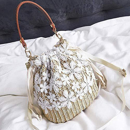 Straw Crossbody Bag, Women Beach Shoulder Summer Top Handle One Size, White