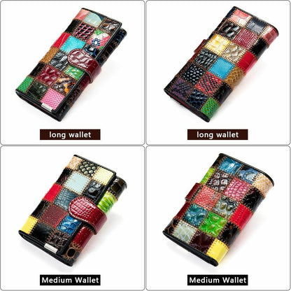Women Long Medium Size Wallet Genuine Leather Patchwork Ladies Zipper Clutch Bag