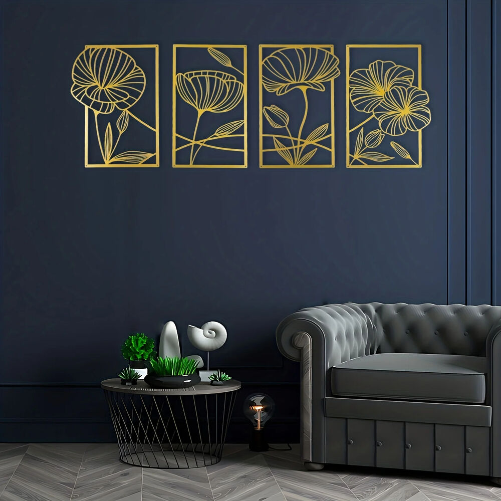 4 Piece Metal Lotus Flower Wall Decor, Floral Aesthetic Splicing Line Art
